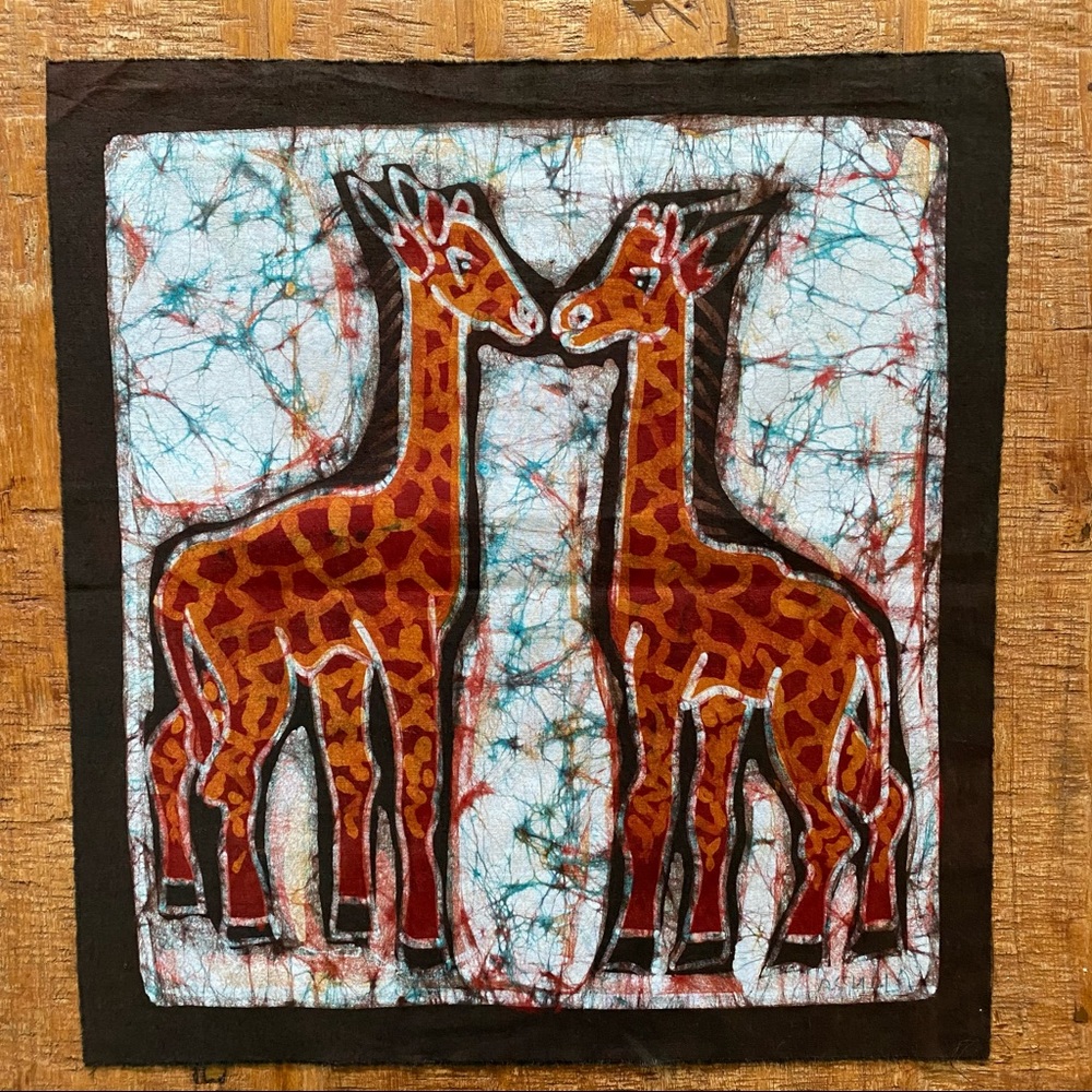 Batik Kissing Giraffe's Hand Dyed Fabric Panel by Artist Theodore Asshola